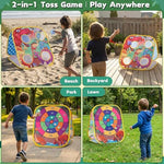 Kids playing with HelloJoy dinosaur bean bag toss set outdoors