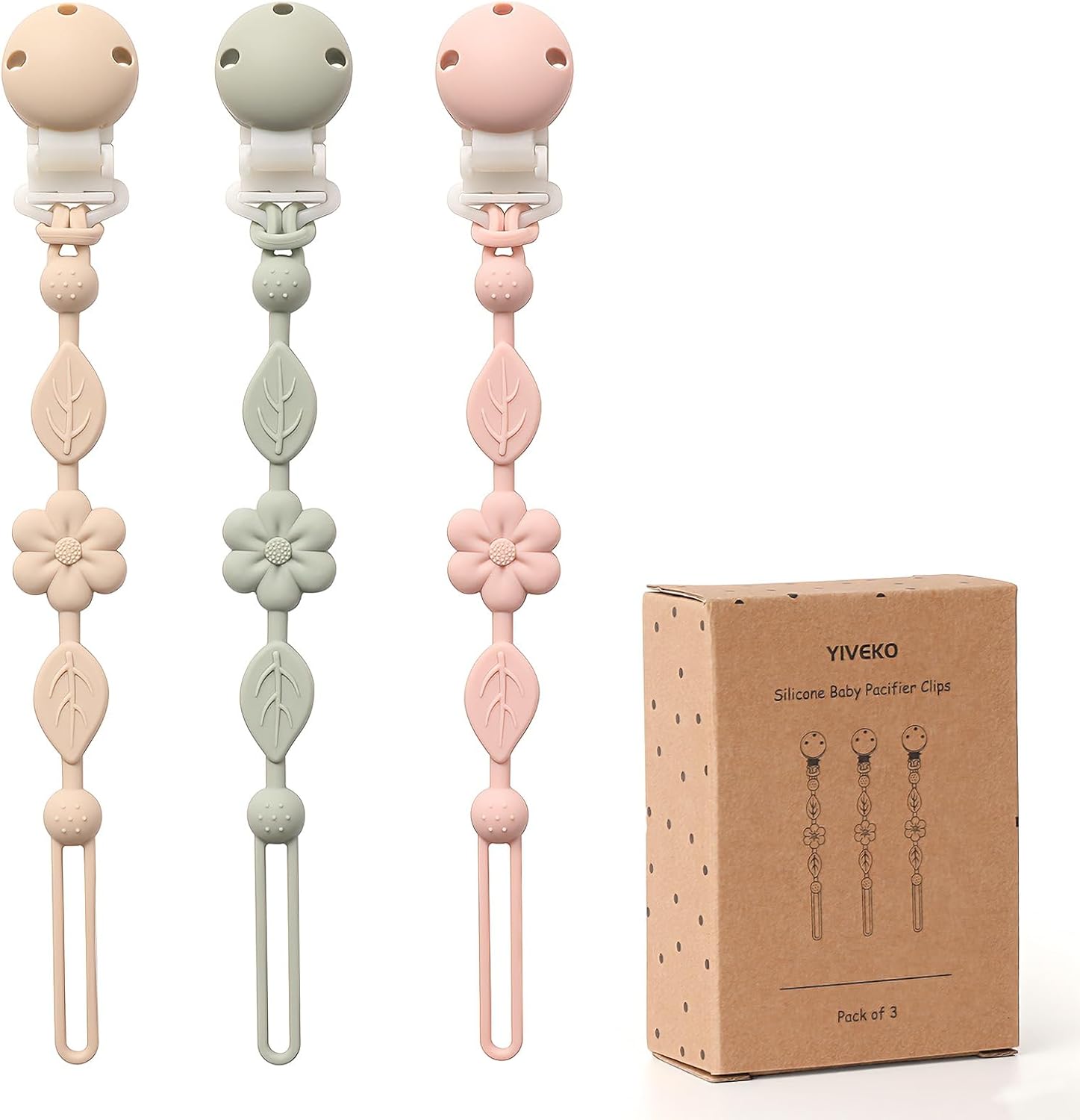 YIVEKO silicone pacifier clips three pack front view showcasing flower design