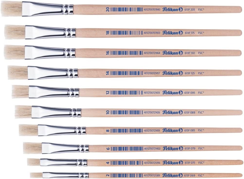 Pelikan art paint brushes arranged by sizes 4, 6, and 8