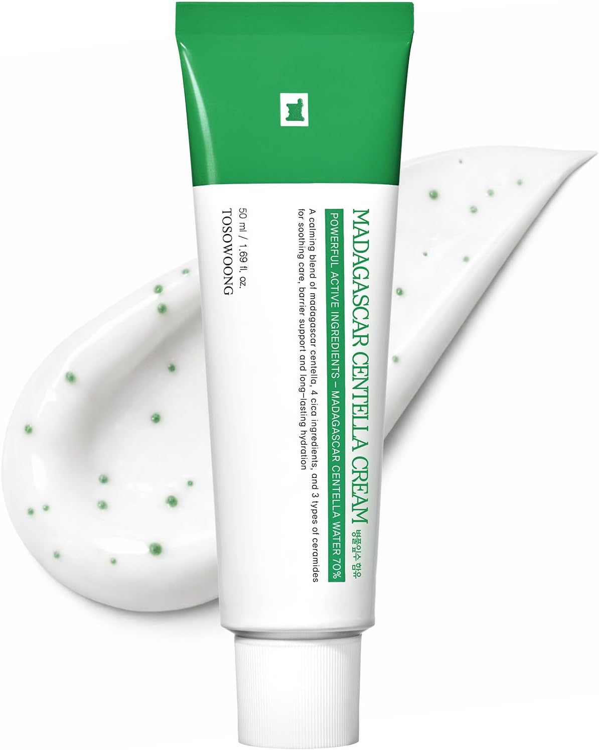 Close up view of the TOSOWOONG Madagascar Centella Cream tube displaying product text details and size dimensions.