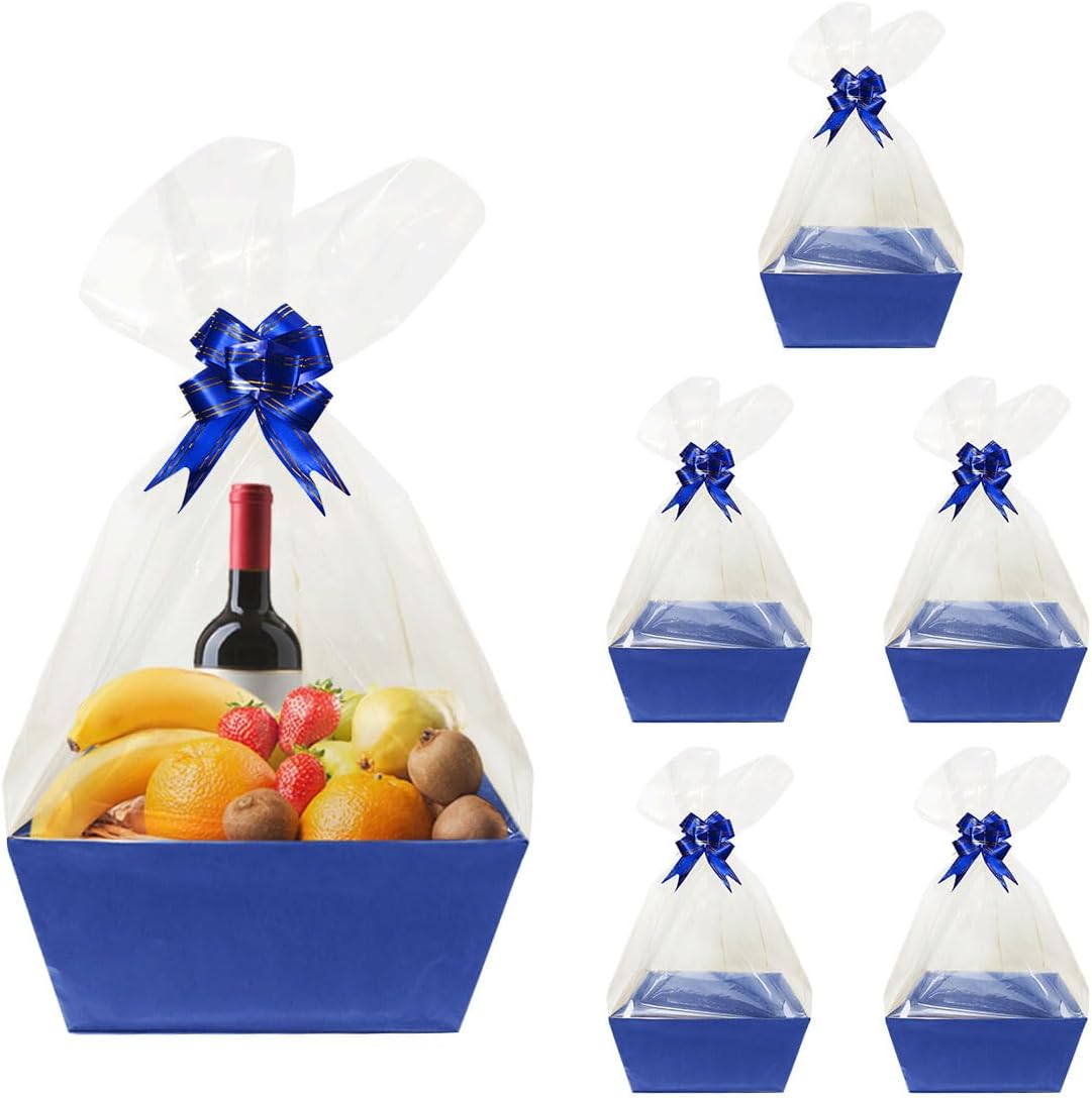 Worown 6 Pack Blue Cardboard Basket For Gifts front view showing assembled empty navy blue hamper boxes.