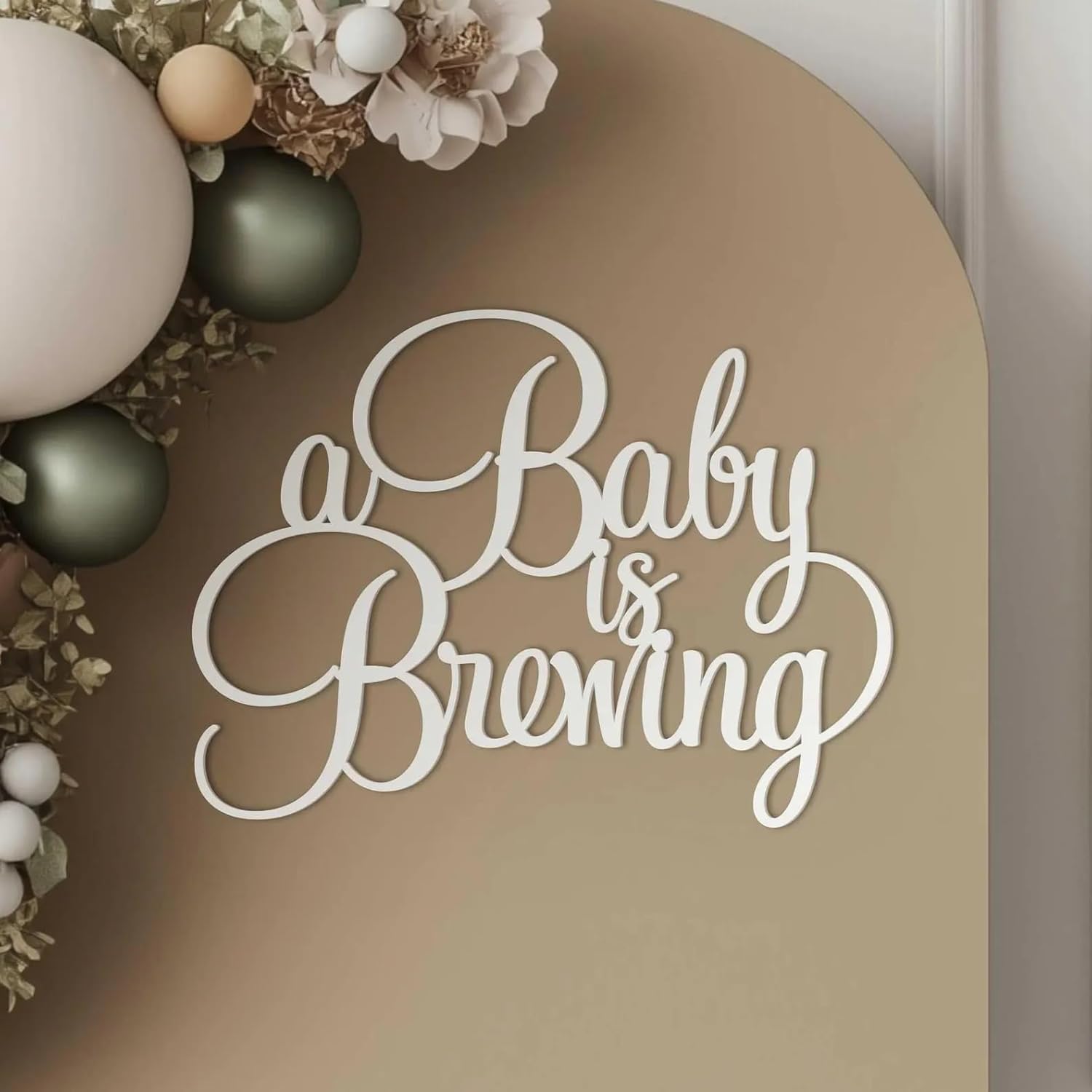 InvitationHouse A Baby Is Brewing wooden sign front view for coffee theme baby shower backdrop decorations.