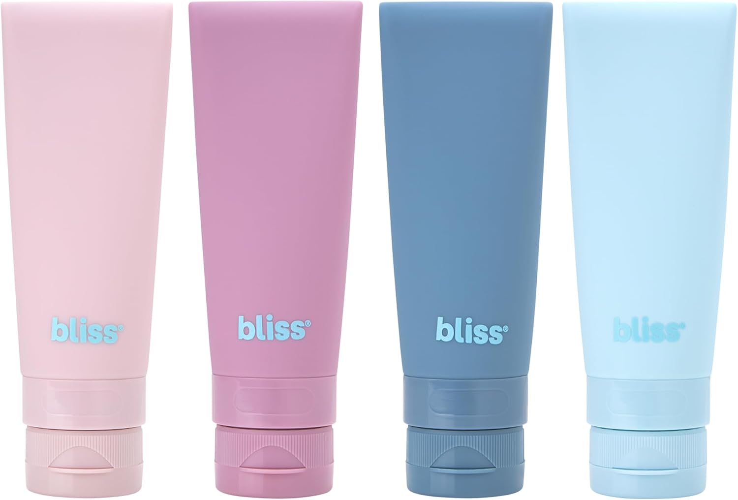 Bliss Travel Bottles Set front view of 4 piece pink silicone containers.