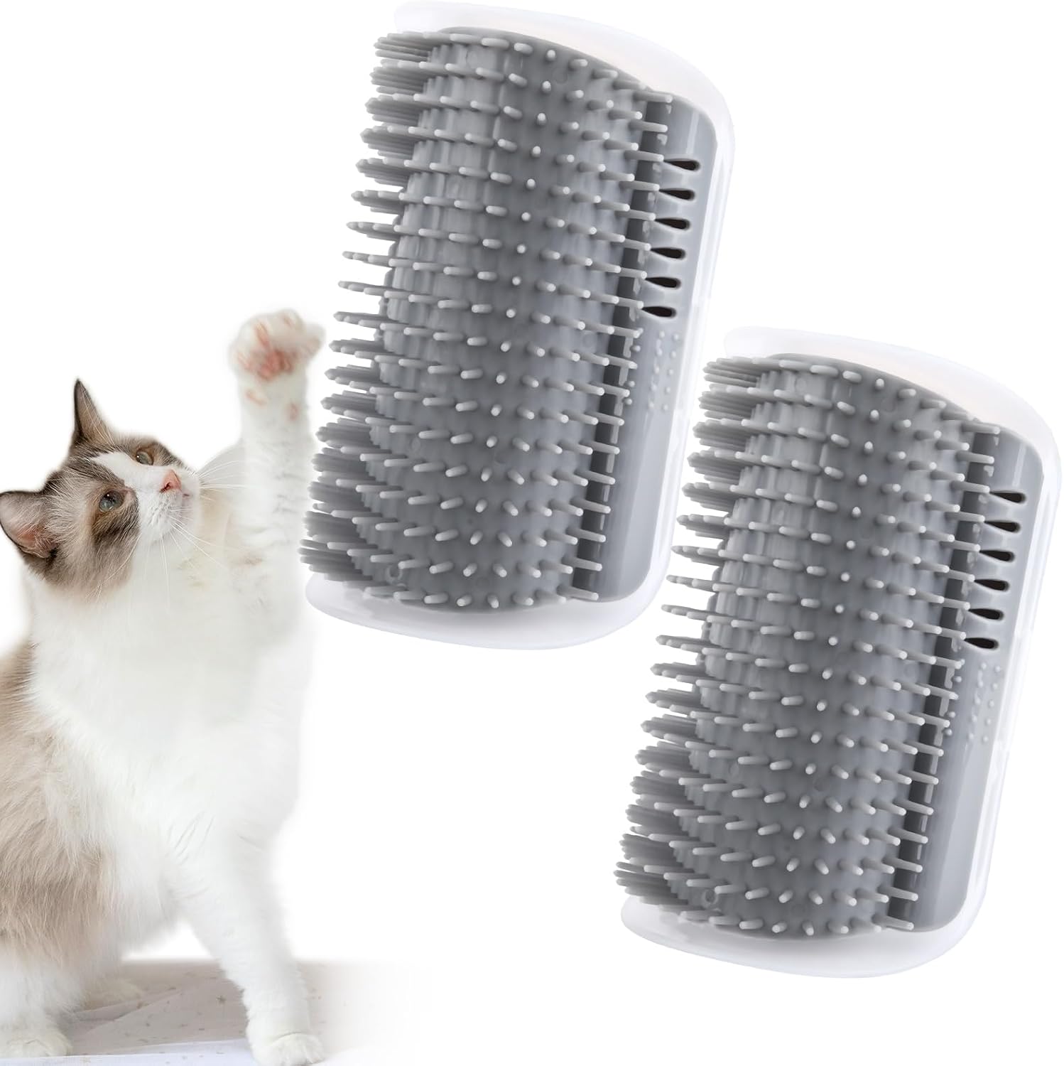 Tiny Pets cat self groomer wall corner scratcher grey front view showcasing soft grooming bristles