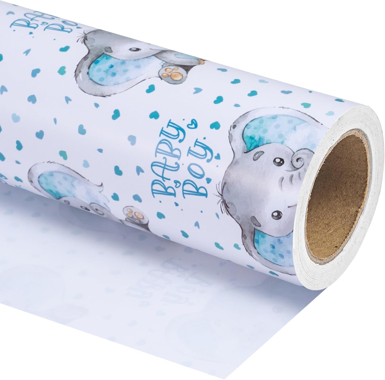 Wrapaholic baby boy wrapping paper roll front view featuring blue elephant pattern