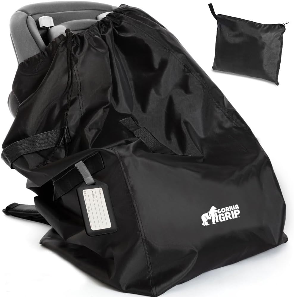 Gorilla Grip car seat travel bag front view showcasing padded backpack straps for airport travel.