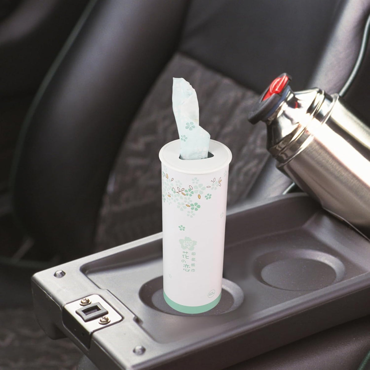 NULYLU cylindrical tissue box fitting neatly inside a car cup holder