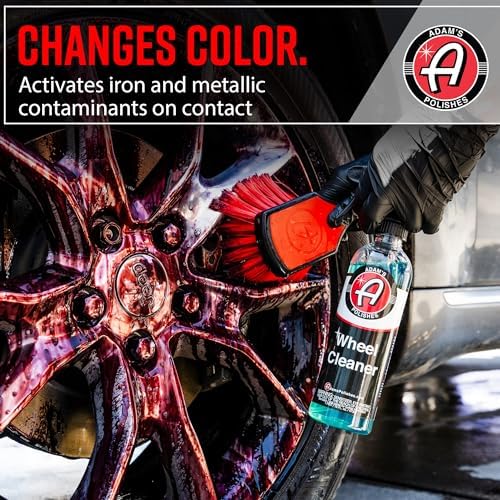 Adam's Polishes wheel cleaner bottle showing safety on chrome and alloy wheels