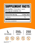 BulkSupplements unflavored L-alanine powder back label showing clean single ingredient facts