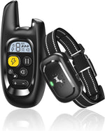 HawuMasseur dog shock collar front view showing the digital remote control and black receiver strap.