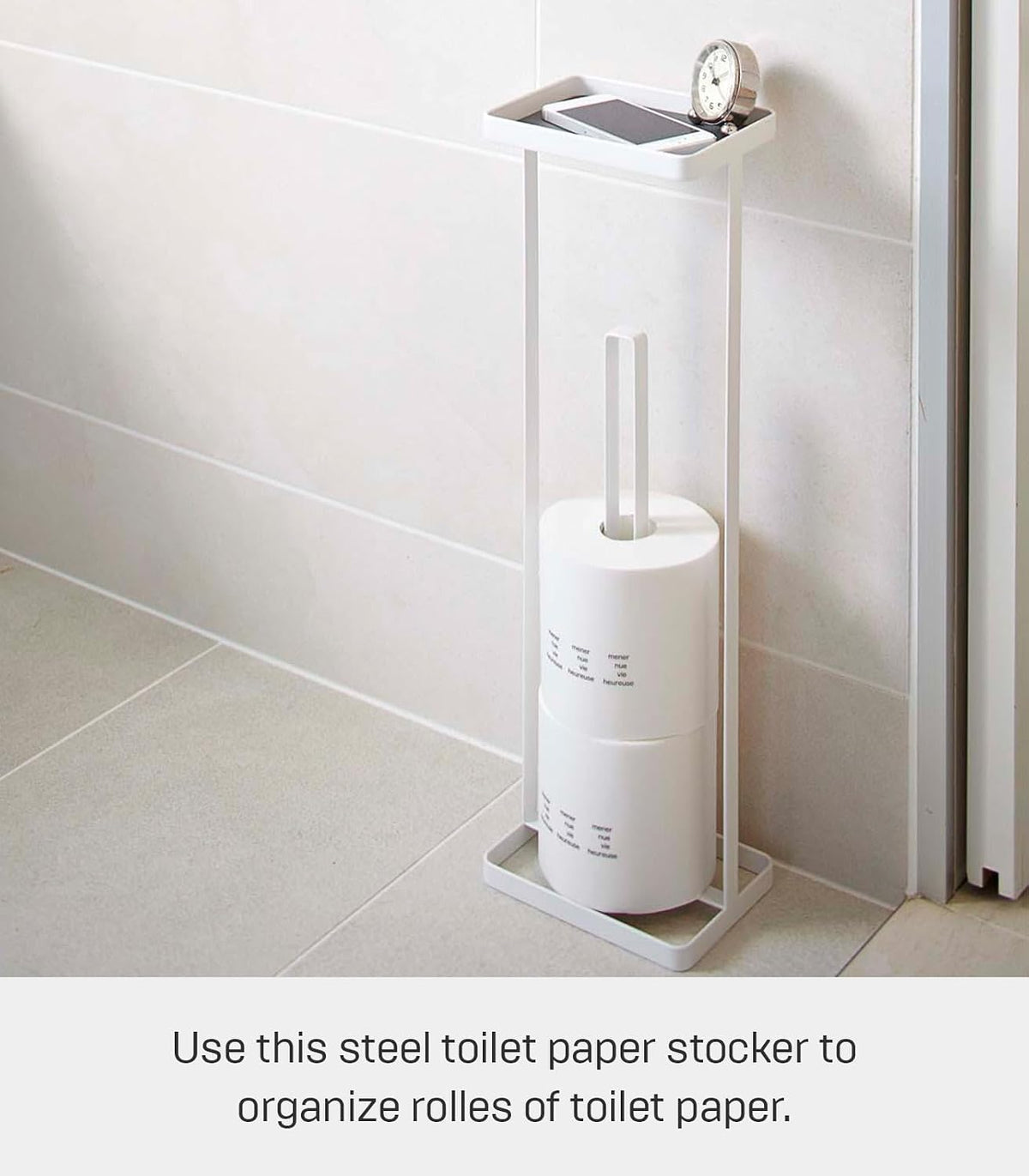 Yamazaki slim space saving toilet paper stocker angle view