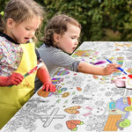 Rectangular 72 by 35 inch Speringeen spring coloring table cover layout detailing the full repeat pattern of whimsical holiday characters