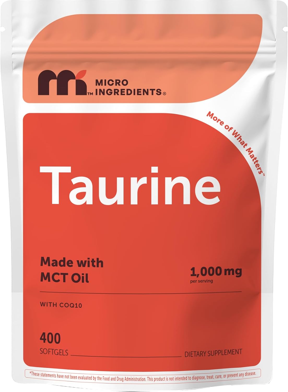 Micro Ingredients Taurine 1,000mg with CoQ10 400 Softgels front view supplement pouch