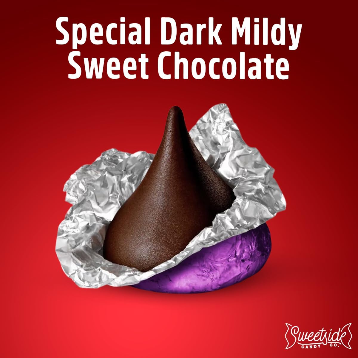 Close up of Hershey style dark chocolate kisses in purple foil