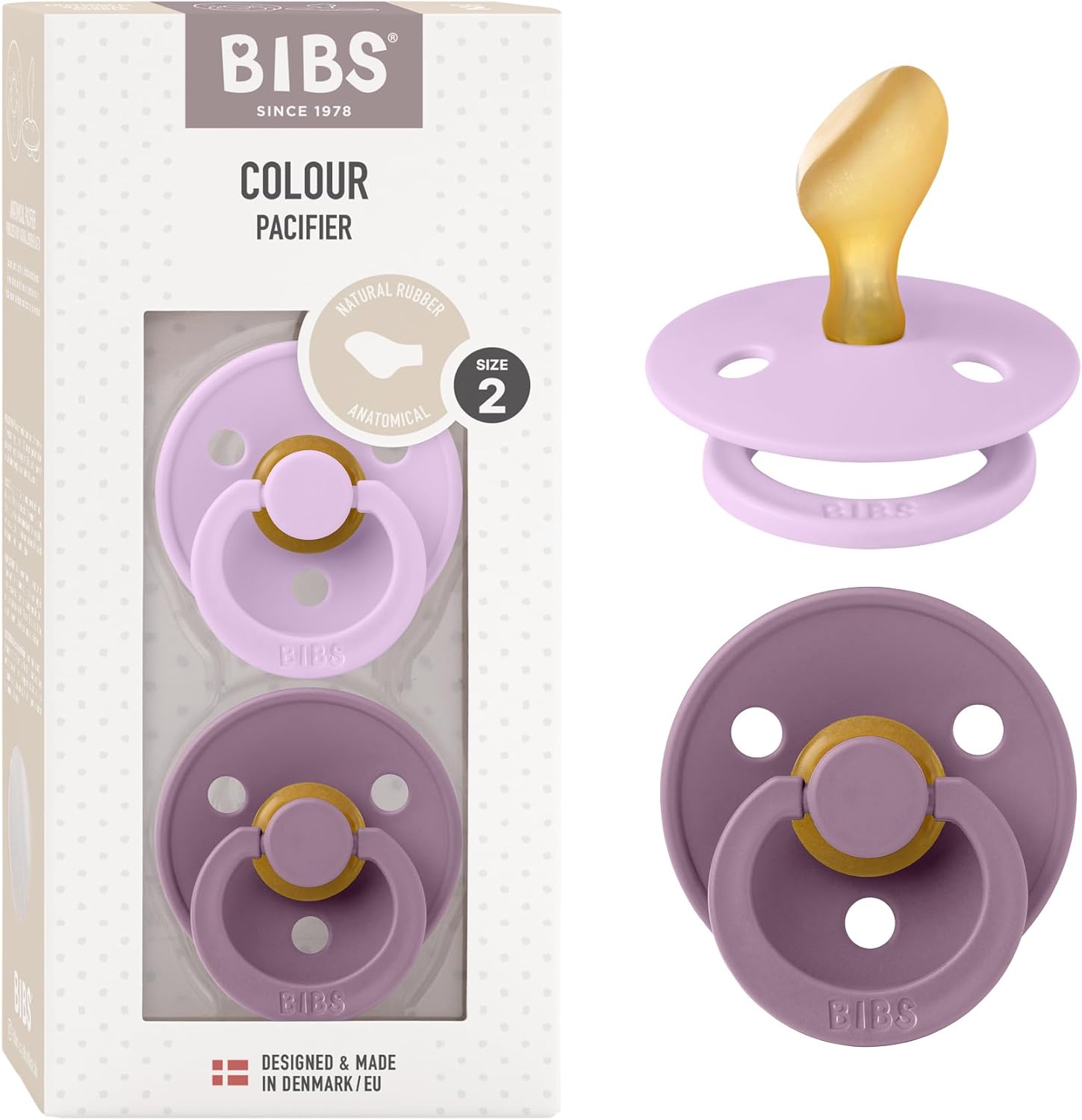 Bibs Colour Collection 2-pack pacifiers in Violet Sky and Mauve.
