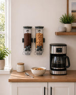 ZevrO cereal dispenser mounted on wall with stainless steel brackets