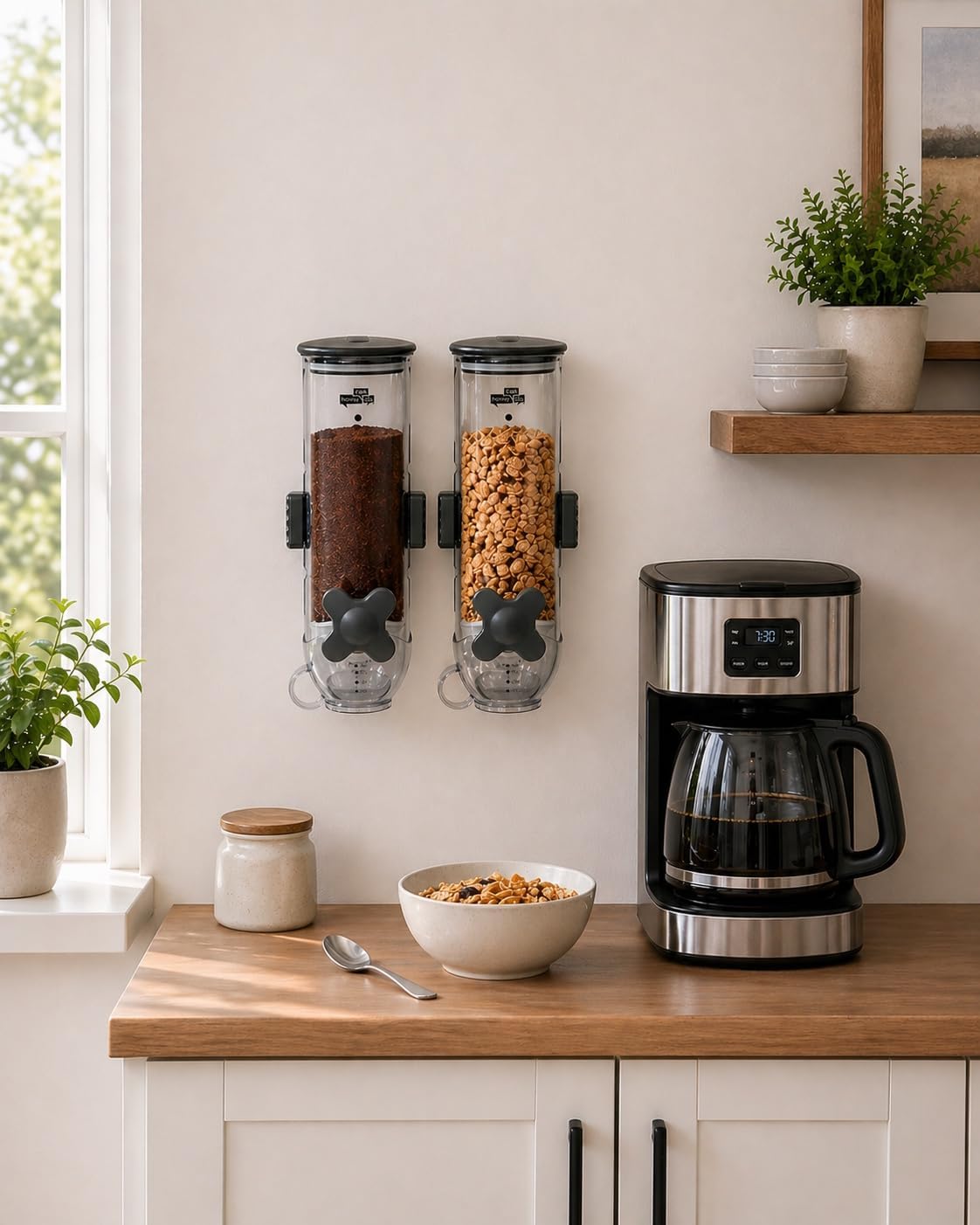 ZevrO cereal dispenser mounted on wall with stainless steel brackets