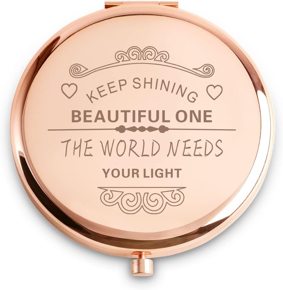 QUSTGO personalized compact mirror front view showing the elegant rose gold finish.