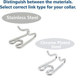 Close up of German engineered chrome plated dog training pinch collar extension links