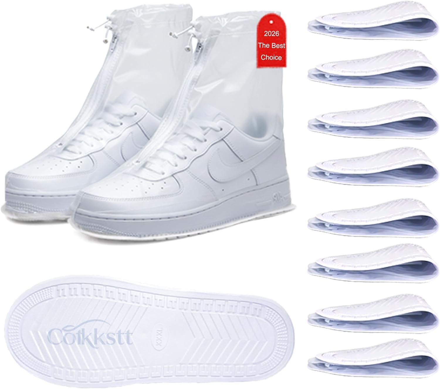 Cotkkstt reusable waterproof rain shoe covers front view showing transparent PVC material and secure zipper closure