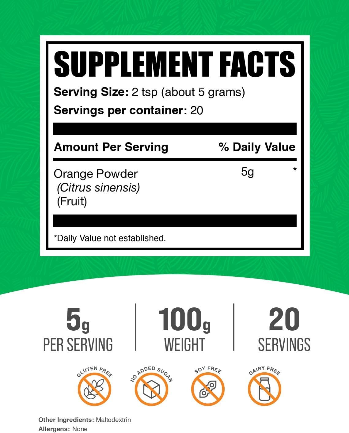 BulkSupplements Orange Fruit Powder packaging back showing ingredients