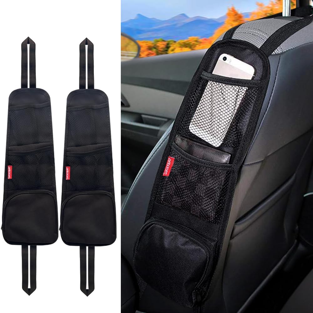 Luckybay car seat side organizer 2 pack front view installed on a black leather vehicle seat holding a smartphone.