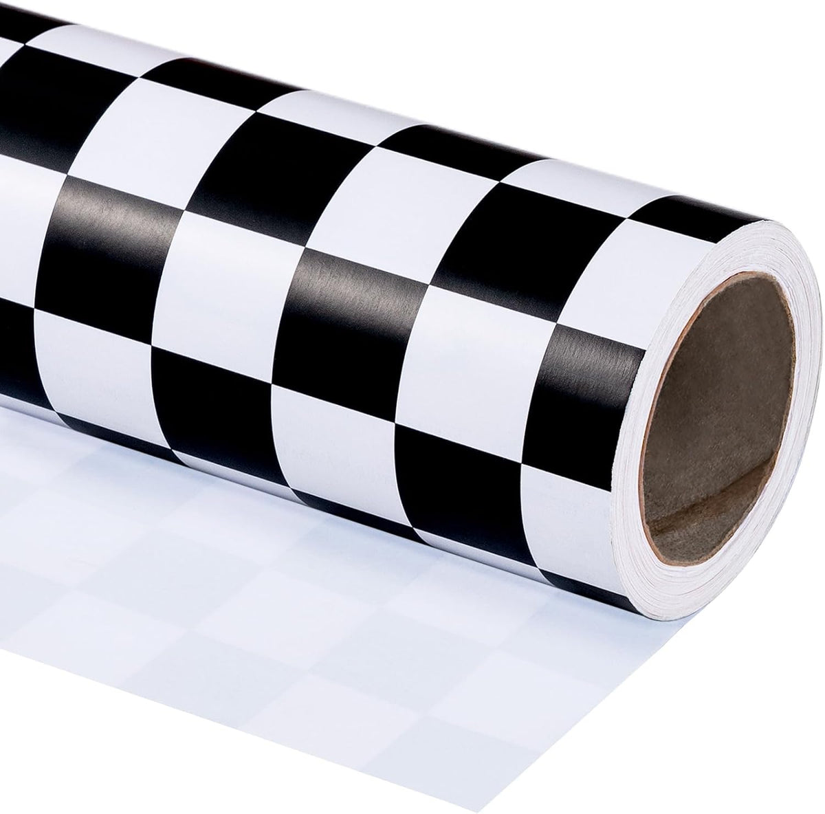 WRAPAHOLIC Checkered Flag Wrapping Paper Roll front view showing classic black and white race car theme design.