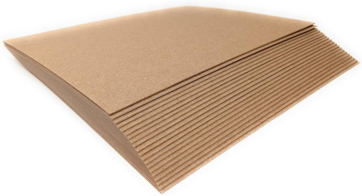 Heavy duty kraft paperboard sheets shown for bookbinding use