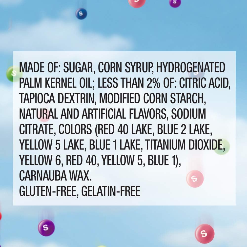 Back of Skittles Wild Berry bag showing ingredients and nutritional info