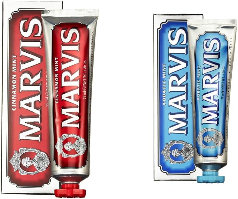 Marvis Cinnamon Mint and Aquatic Mint Toothpaste Set front view authentic luxury imported oral care duo