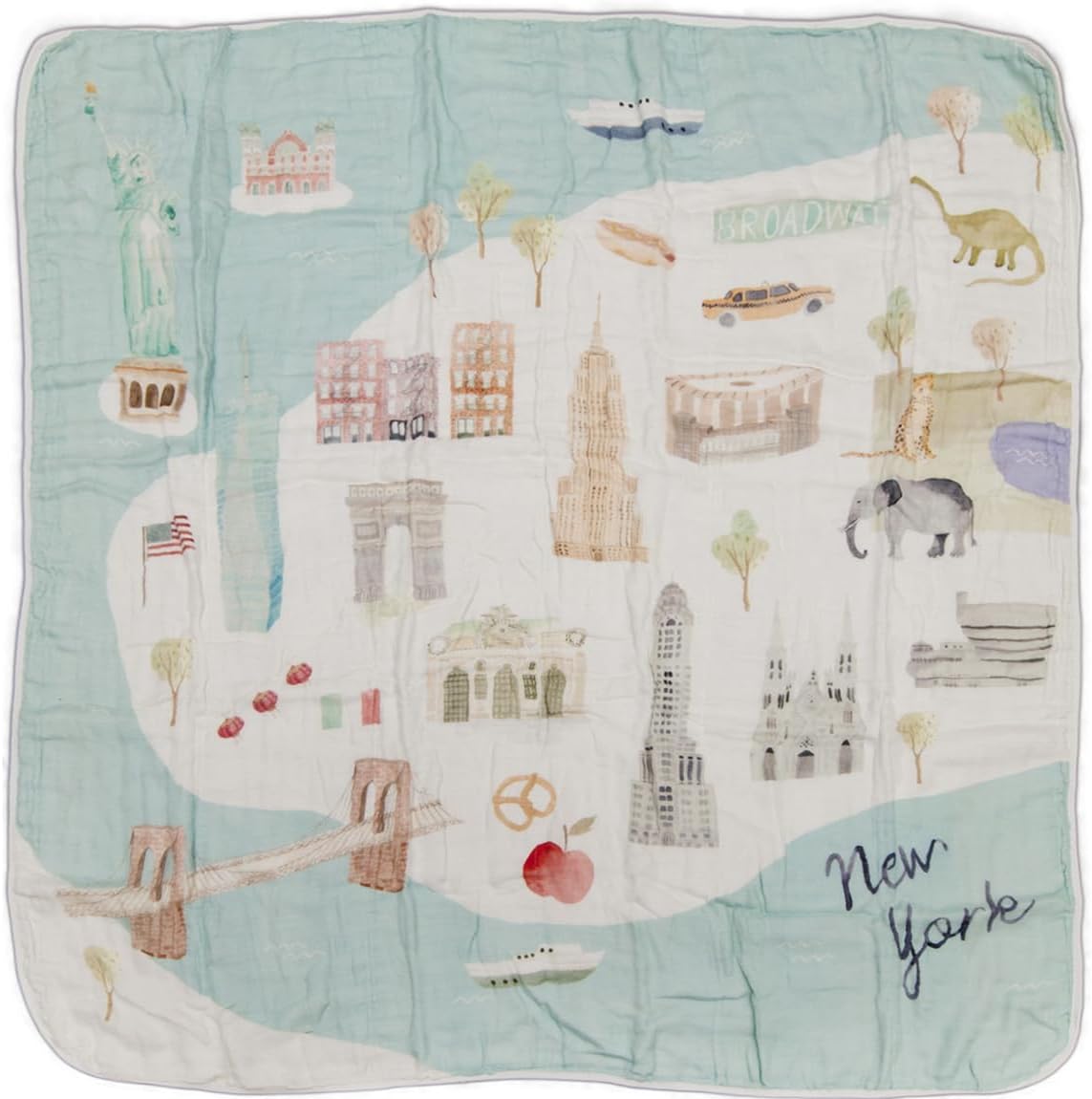 Loulou Lollipop New York City muslin quilt blanket front view featuring hand-drawn watercolor city illustrations.