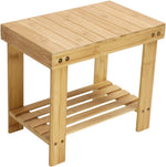 KKTONER bamboo step stool with storage shelf front view showing natural wood grain and slatted seat design.