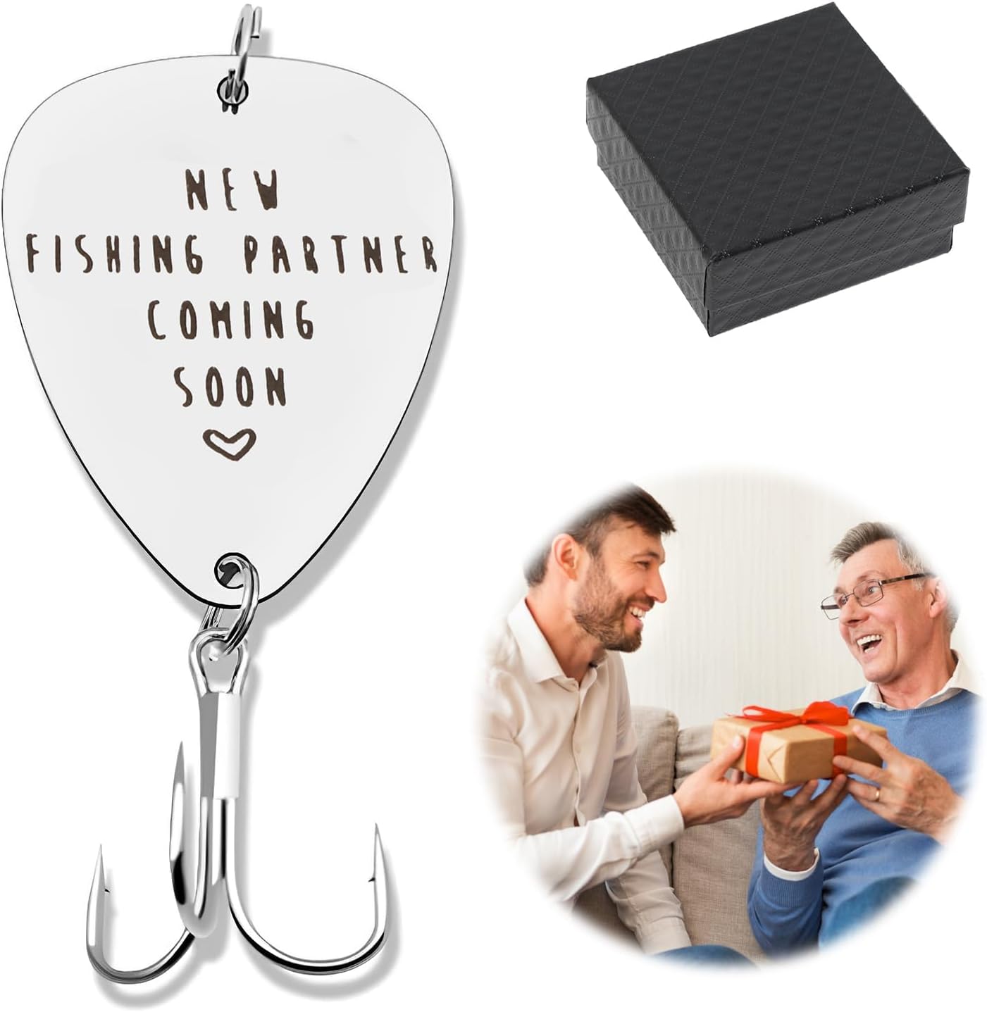 Hoeslaw pregnancy announcement fishing hook front view in gift box.