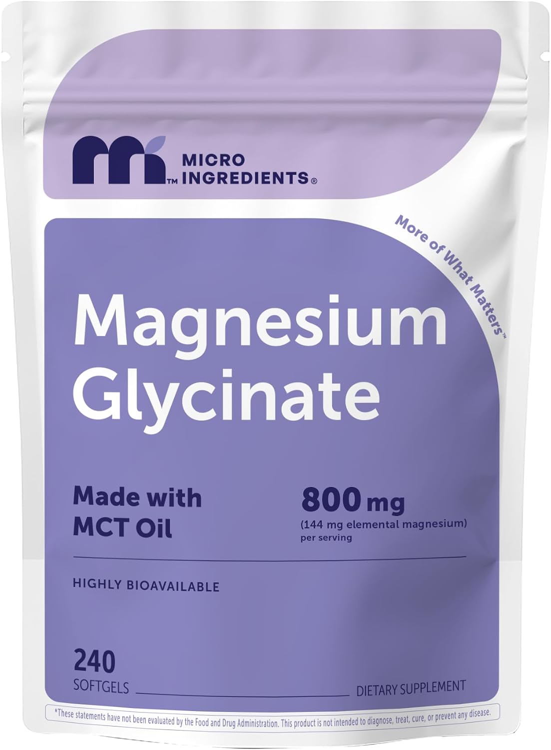 Micro Ingredients magnesium glycinate 800mg softgels front view pouch packaging