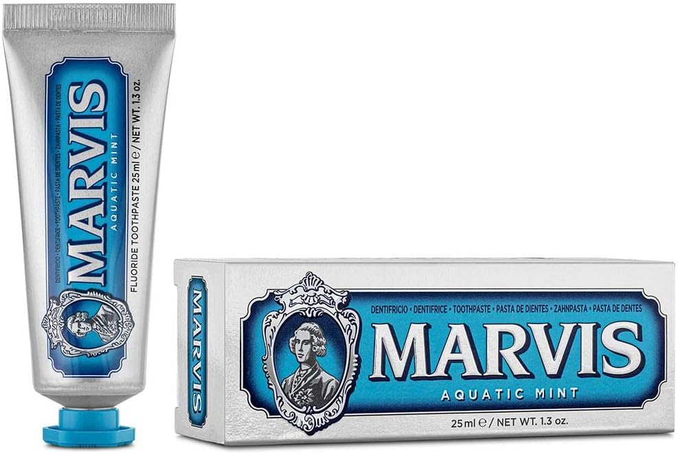 Marvis Aquatic Mint Toothpaste 1.3 Ounce travel size packaging close up
