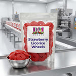 One pound bag of imported DM Sweets gourmet strawberry licorice wheels for parties.
