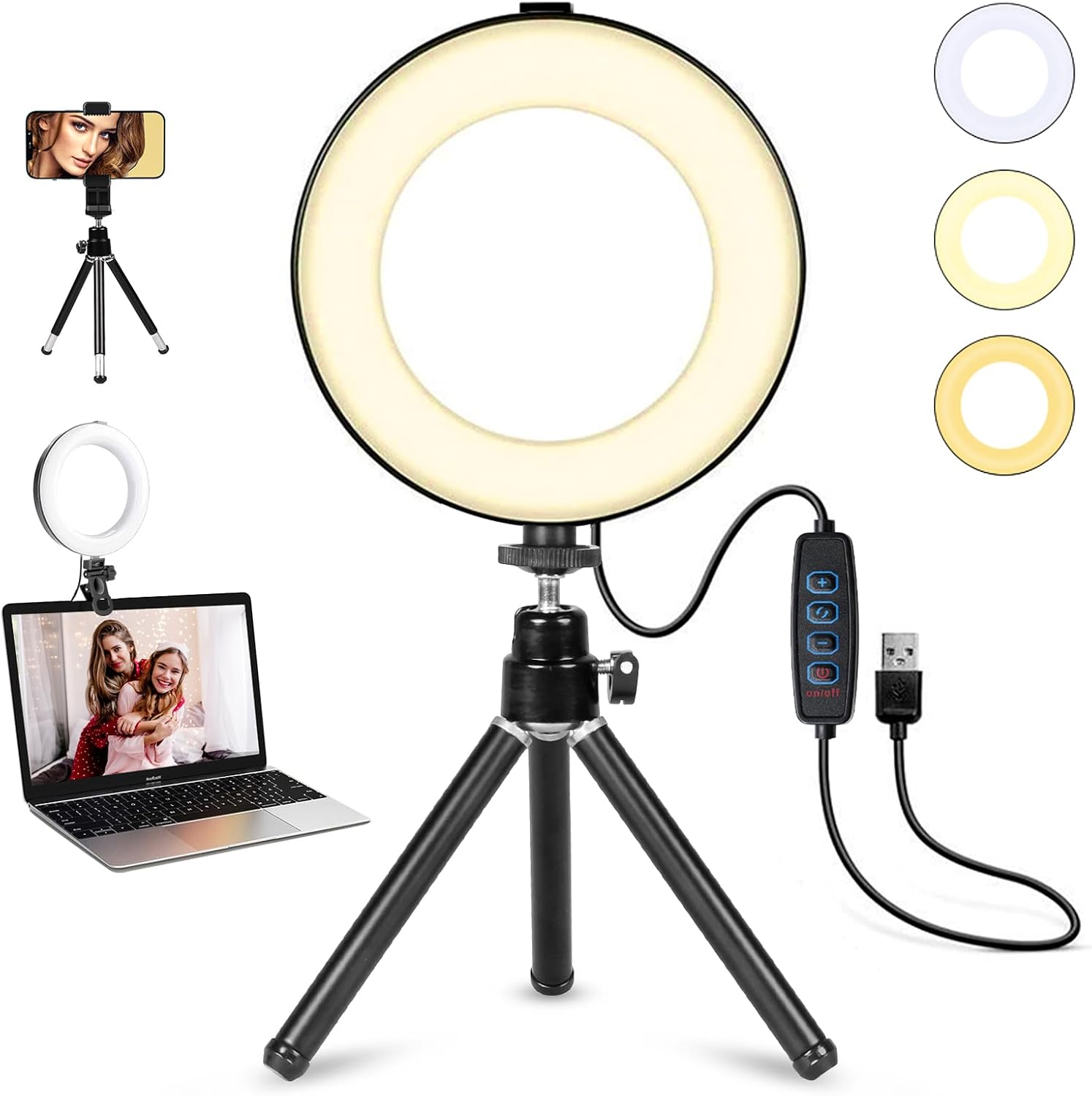 MACTREM video conference lighting kit front view showing the six inch illuminated LED ring light