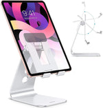 OMOTON T2 adjustable tablet stand front view in silver color showcasing aluminum build