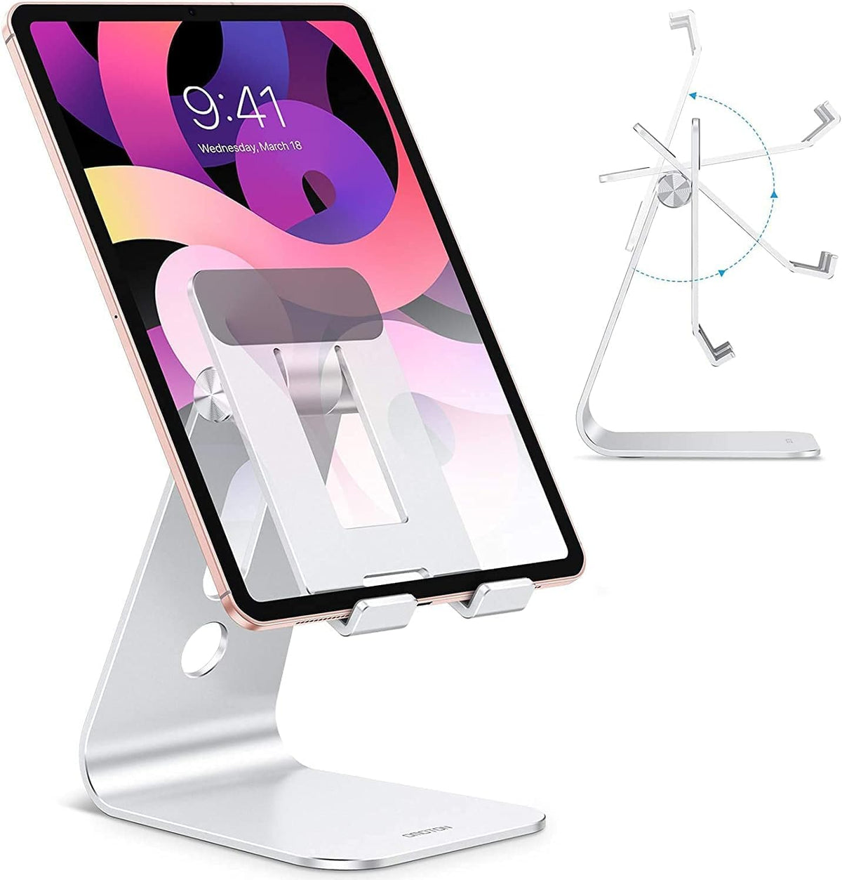 OMOTON T2 adjustable tablet stand front view in silver color showcasing aluminum build