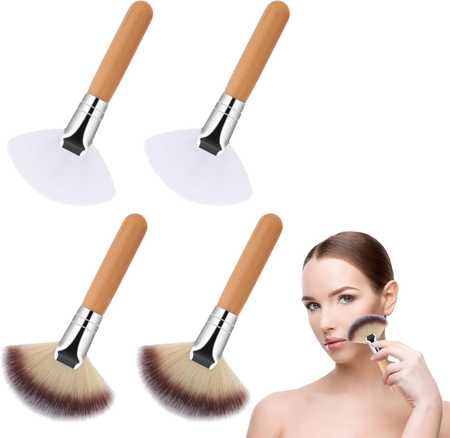 Salbsever 4Pcs Fluffy Fan Brushes front view showing long and short wooden handle variants.