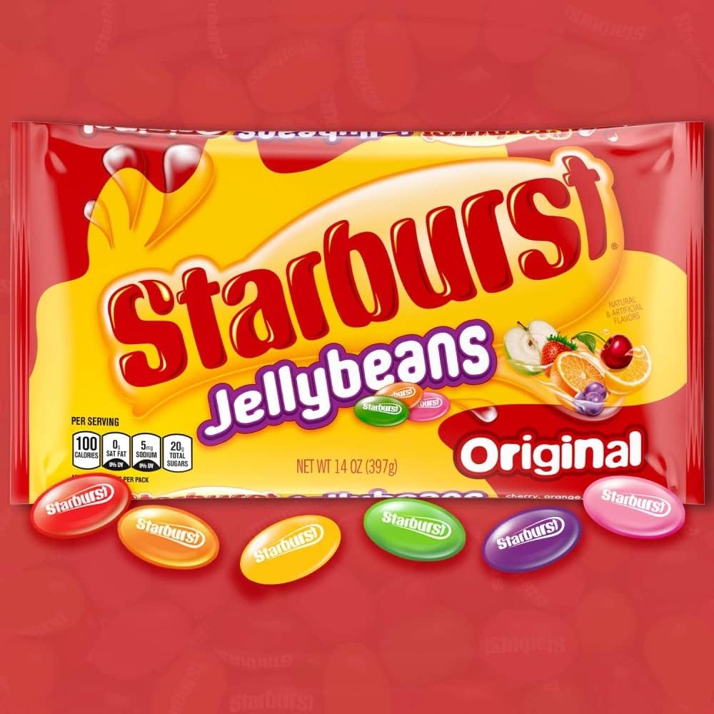 Six vibrant classic fruit flavors of Starburst jelly beans arranged neatly for party snack ideas.