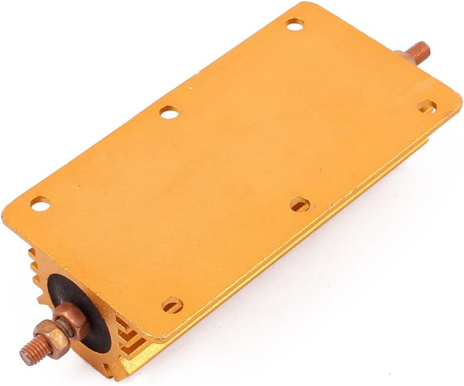 Aexit wirewound power resistor showing axial leads and mounting screw holes.