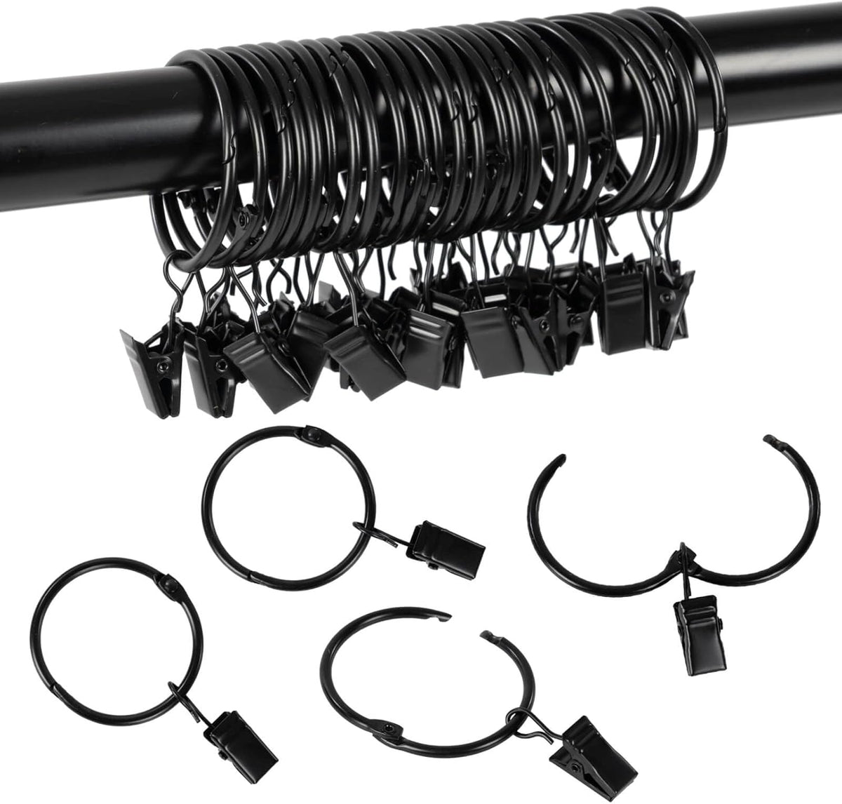 SPLF Zocang openable curtain rings with clips front view heavy duty black metal hangers for elegant home decor