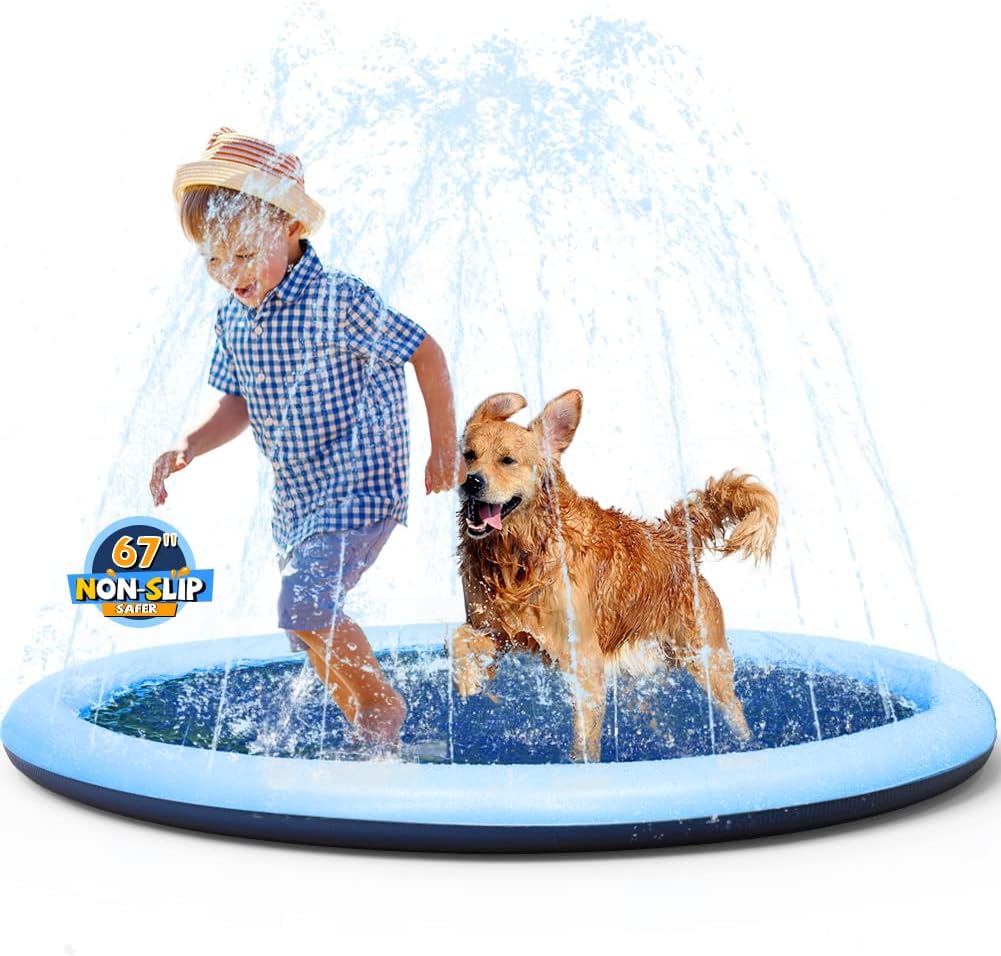 VISTOP non slip splash pad front view highlighting the blue fountain play mat layout for backyard summer activities.
