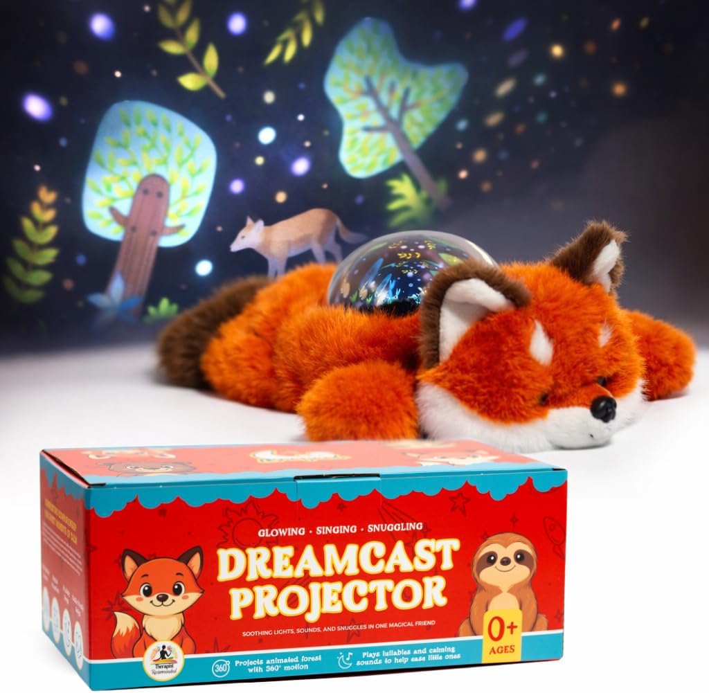 Lunapuer Sound Sleepers Fox stuffed animal night light front view showing soft orange plush body and central star projector panel