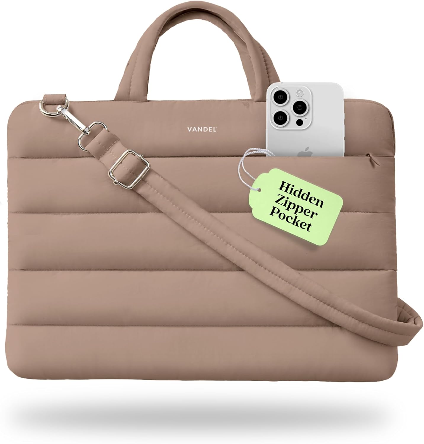 Vandel puffy laptop carrying case sleeve front view in sand color