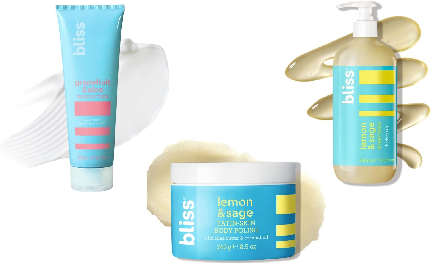 Bliss Grapefruit and Aloe Body Butter Trio front view showcasing the skincare set
