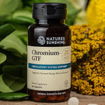 Nature's Sunshine Chromium GTF 90 tablets packaging displaying vascular health benefits
