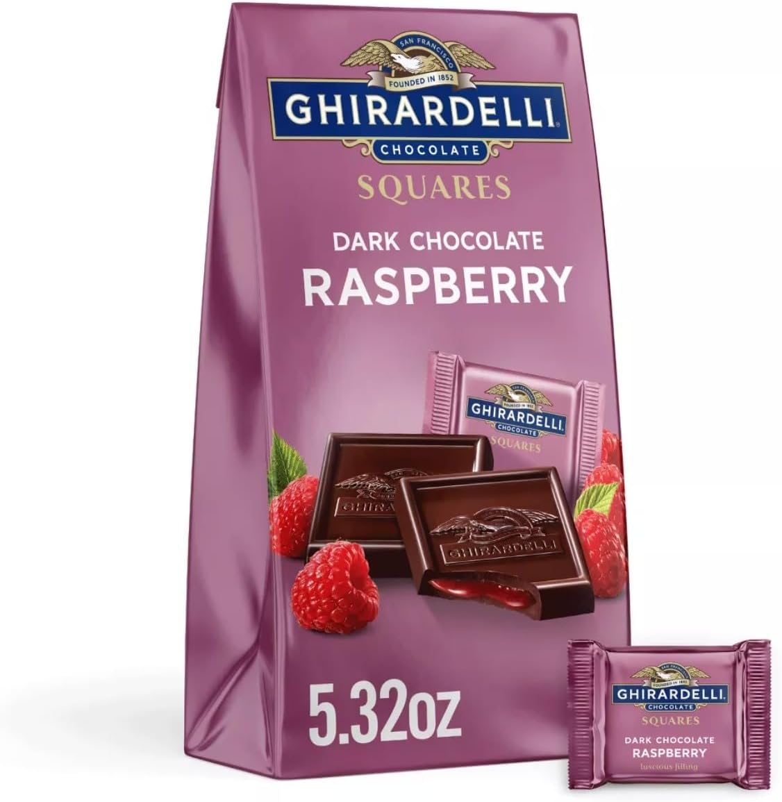 Ghirardelli Dark Chocolate with Raspberry Filling Squares 6.38 Ounce bag front view