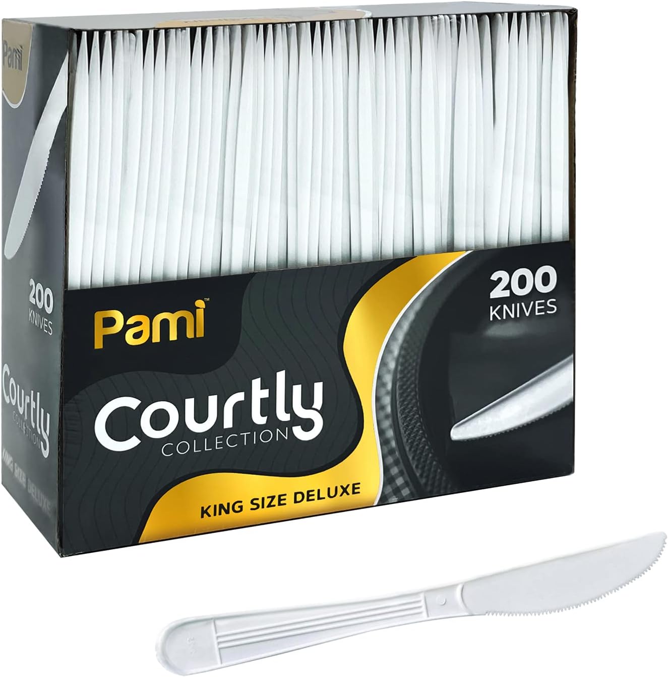 PAMI heavy weight disposable plastic knives 200 pack front view bulk silverware.
